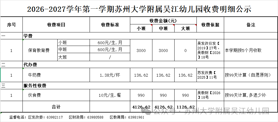 苏州大学附属吴江幼儿园2026-2027学年第一学期缴费通知
